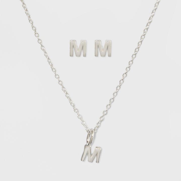Sterling Silver Initial M Earrings And Necklace Set - A New Day Silver, Girl's, Size: Medium,
