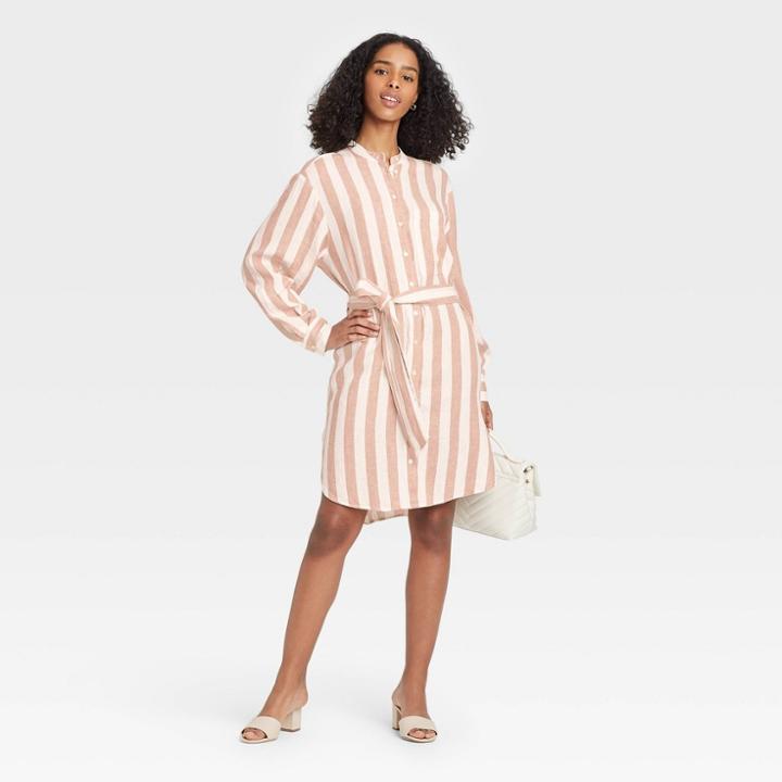 Women's Striped Long Sleeve Tie Waist Shirtdress - A New Day Cream Xs, Ivory