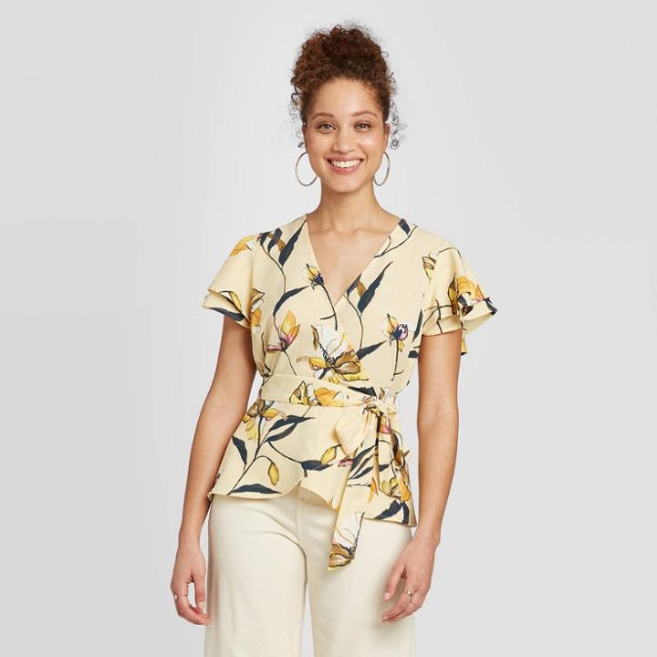 Women's Floral Print Ruffle Short Sleeve Wrap Top - A New Day Cream Xs, Women's, Ivory