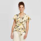 Women's Floral Print Ruffle Short Sleeve Wrap Top - A New Day Cream Xs, Women's, Ivory