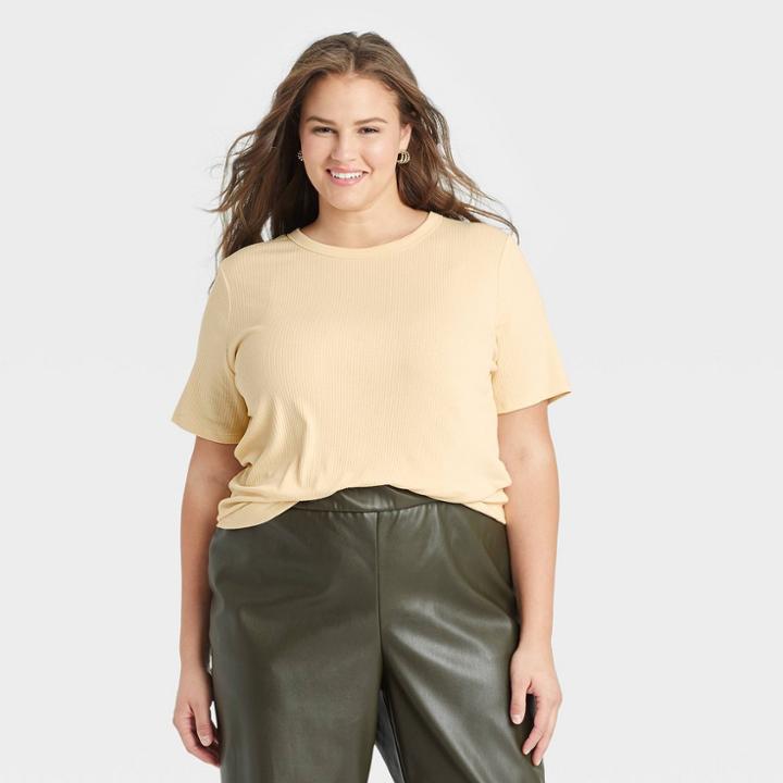 Women's Plus Size Short Sleeve Ribbed T-shirt - A New Day Light Yellow