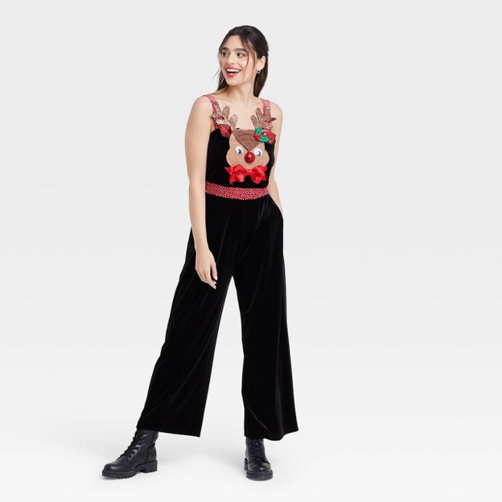 Born Famous Women's Reindeer Ugly Holiday Velour Graphic Jumpsuit - Black