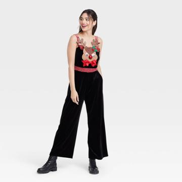 Born Famous Women's Reindeer Ugly Holiday Velour Graphic Jumpsuit - Black
