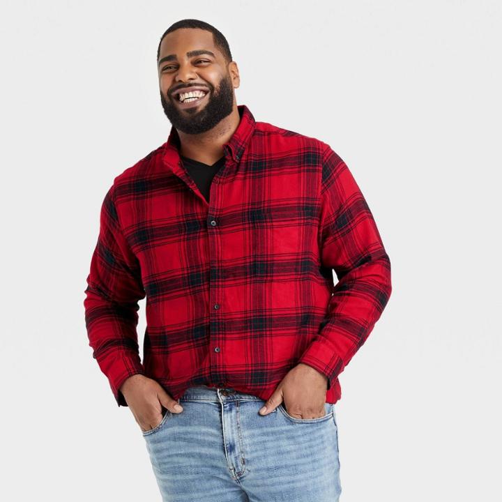 Men's Tall Standard Fit Plaid Lightweight Flannel Long Sleeve Button-down Shirt - Goodfellow & Co Red/black