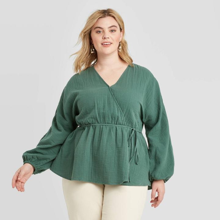 Women's Plus Size Long Sleeve V-neck Gauze Wrap Blouse - Ava & Viv Green X, Women's
