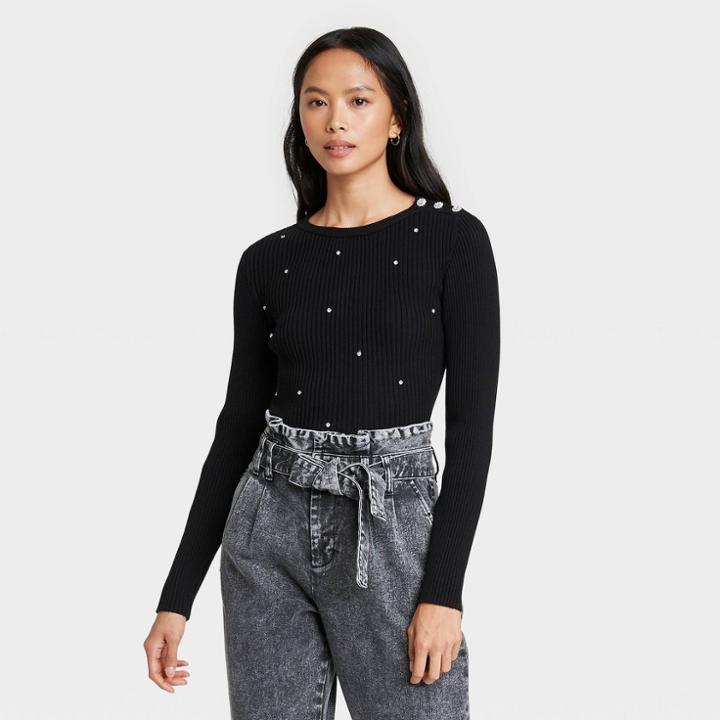 Women's Crewneck Embellished Pullover Sweater - Who What Wear Black