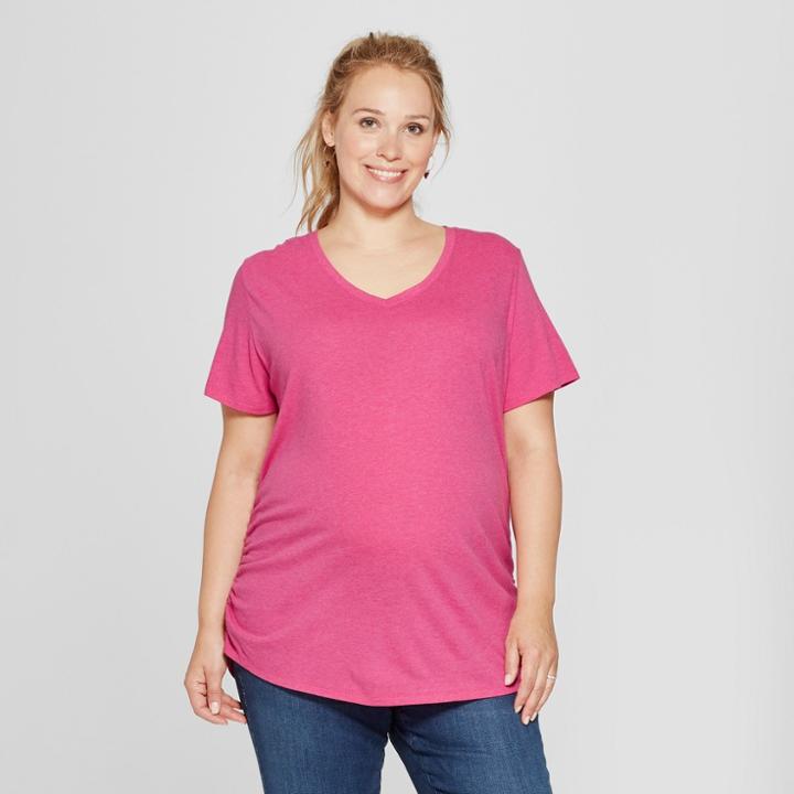 Maternity Plus Size Short Sleeve Shirred V-neck T-shirt - Isabel Maternity By Ingrid & Isabel Pink Heather
