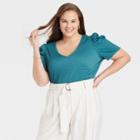Women's Plus Size Puff Short Sleeve V-neck Top - A New Day Teal Blue
