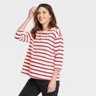 The Nines By Hatch Maternity Striped 3/4 Sleeve Boat Neck Drop Shoulder Top Red
