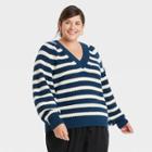 Women's Plus Size Striped V-neck Pullover Sweater - A New Day Navy/cream 1x, Blue