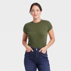 Women's Short Sleeve Ribbed T-shirt - A New Day Olive Green