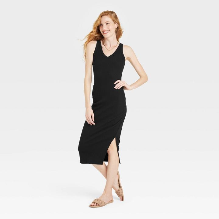 Women's Sleeveless Rib Knit Side Ruched Dress - A New Day Black