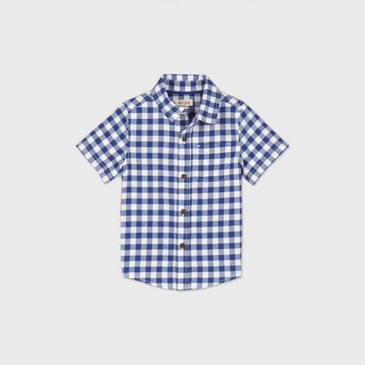 Toddler Boys' Short Sleeve Gingham Check Woven Button-down Shirt - Cat & Jack Blue