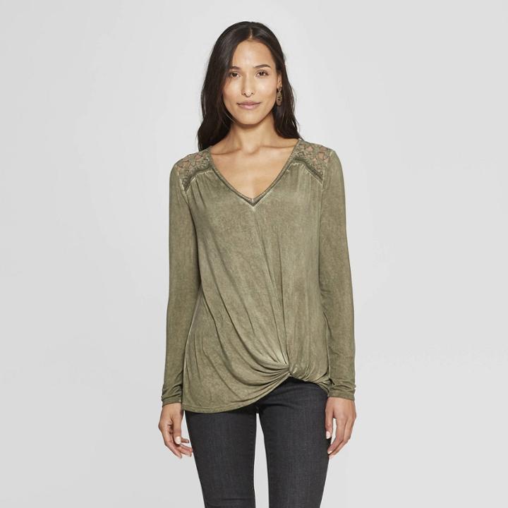 Women's Long Sleeve V-neck Top - Knox Rose Olive (green)