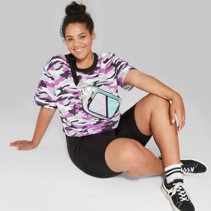 Women's Camo Print Plus Size Printed Cropped Short Sleeve With Diamante - Wild Fable White/lilac