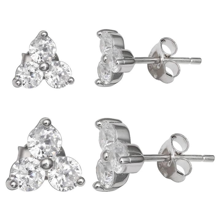 Distributed By Target Women's Set Of Two Triple Stud Earrings With Clear Cubic Zirconia In Sterling Silver - Silver/clear