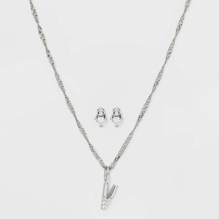 Silver Plated Cubic Zirconia 'v' Initial Earring And Pendant Necklace Set - A New Day