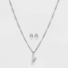 Silver Plated Cubic Zirconia 'v' Initial Earring And Pendant Necklace Set - A New Day