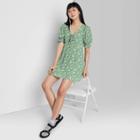 Women's Floral Print Puff Short Sleeve Tie-front Dress - Wild Fable