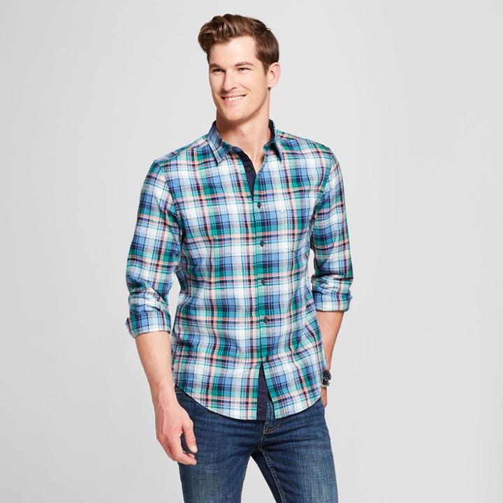 Men's Plaid Long Sleeve Cotton Slub Button-down Shirt - Goodfellow & Co Blue Beam