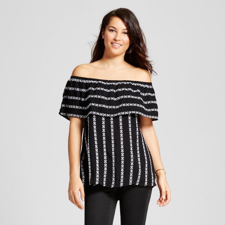 Women's Embroidered Stripe Off The Shoulder Top - Knox Rose Black And White