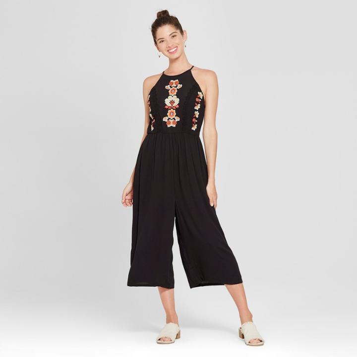 Women's Strappy High Neck Embroidered Cropped Jumpsuit - Xhilaration Carbon Black
