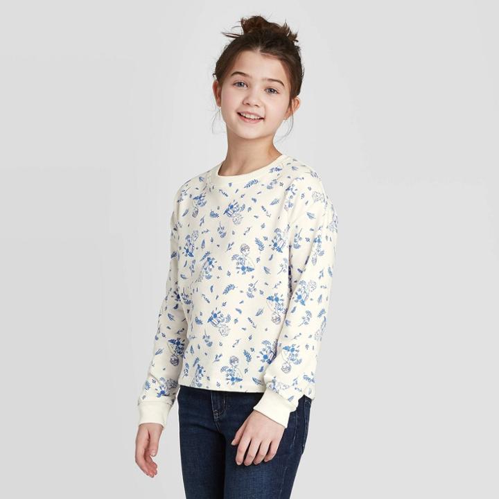 Frozen Girls' Disney Elsa Anna Floral Crew Sweatshirt - White Xs, Girl's, Beige