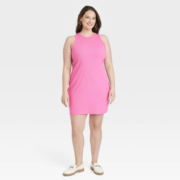 Women's Plus Size Sleeveless Rib Racer Dress - A New Day Pink