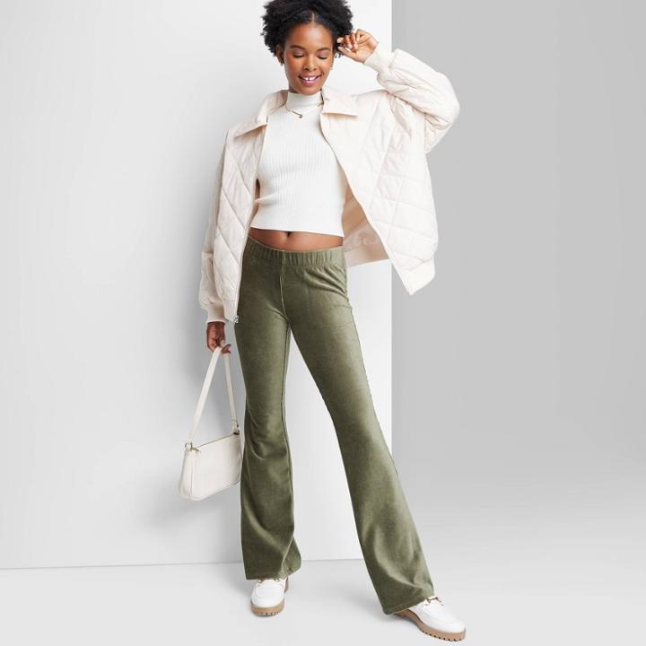 Women's Low-rise Velour Rib Flare Pants - Wild Fable Olive Green Xxs