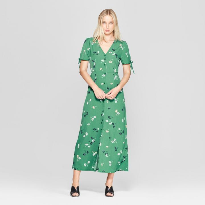 Women's Floral Print Short Tie Sleeve V-neck Button Detail Maxi Dress - Who What Wear Green