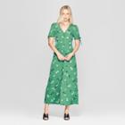 Women's Floral Print Short Tie Sleeve V-neck Button Detail Maxi Dress - Who What Wear Green