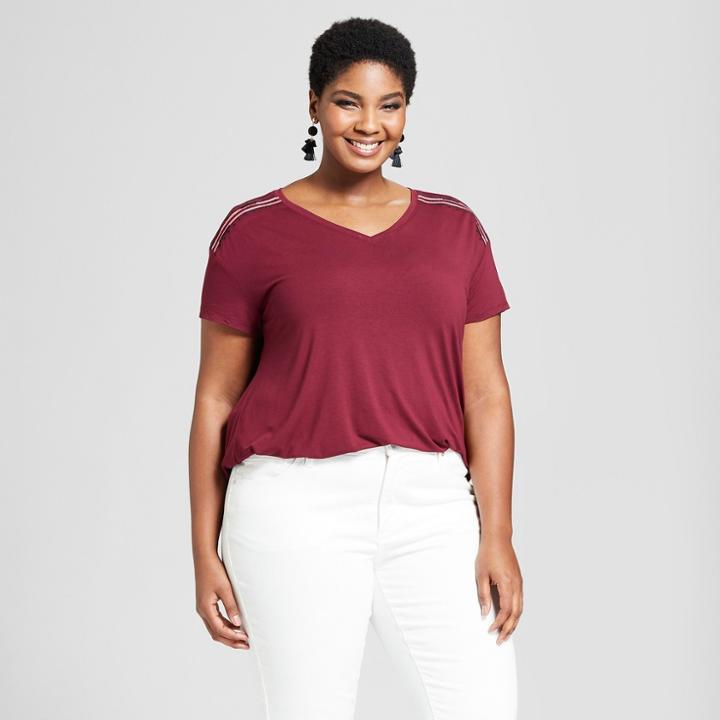 Women's Plus Size Embroidered Shoulder Short Sleeve T-shirt - Ava & Viv Red