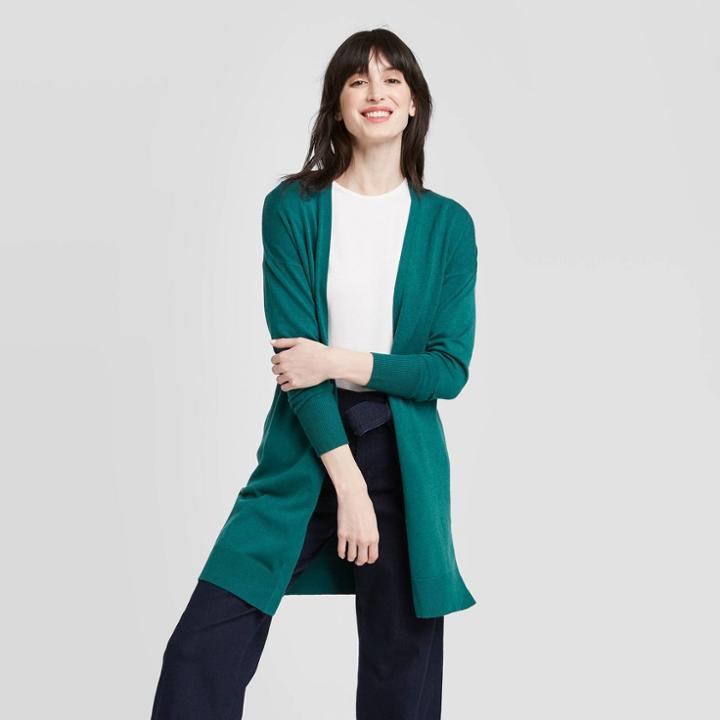 Women's Long Sleeve Back Belt Open Sweater Cardigan - A New Day Green