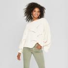Women's Long Sleeve Scalloped Crop Sweater - Cliche White