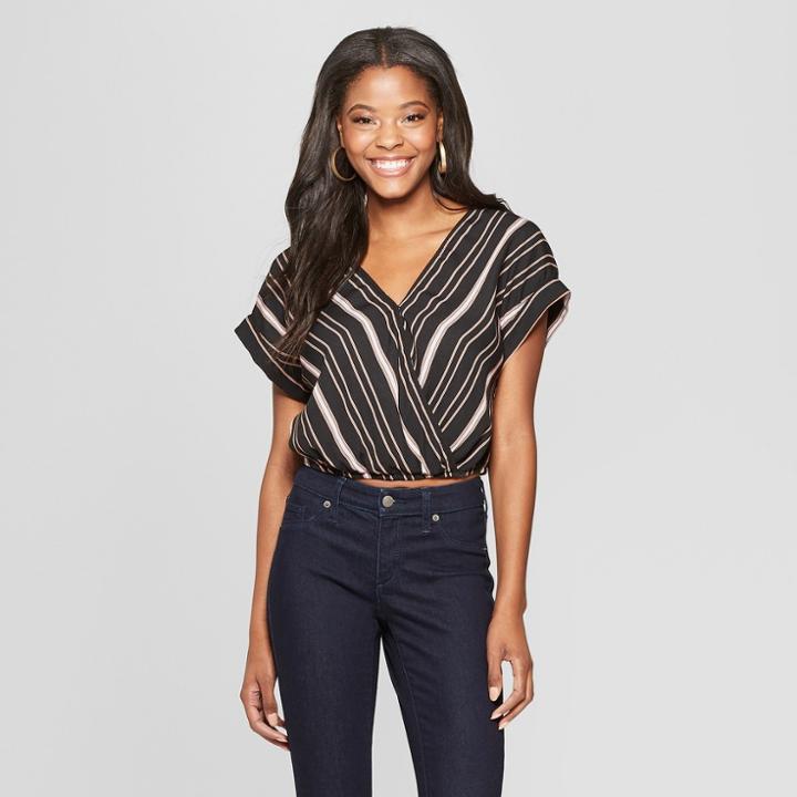 Women's Striped Short Sleeve Tie Back Wrap Top - Xhilaration Black