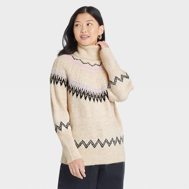 Women's Turtleneck Pullover Sweater - A New Day Oatmeal Fair Isle