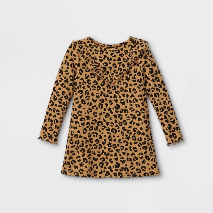 Toddler Girls' Ruffle Rib Long Sleeve Dress - Art Class Brown