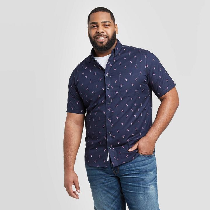 Men's Tall Standard Fit Flamingo Print Short Sleeve Poplin Button-down Shirt - Goodfellow & Co Navy Lt,