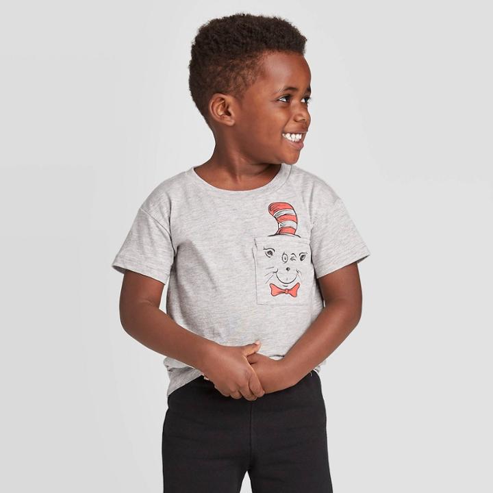 Toddler Boys' Dr. Seuss Cat In The Hat Pocket T-shirt - Light Gray