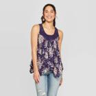 Women's Printed Sleeveless Scoop Neck Knit Tank With Crochet Yoke - Knox Rose Blue