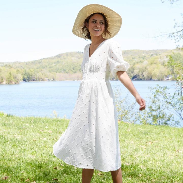 Women's Short Sleeve Eyelet Dress - A New Day Cream