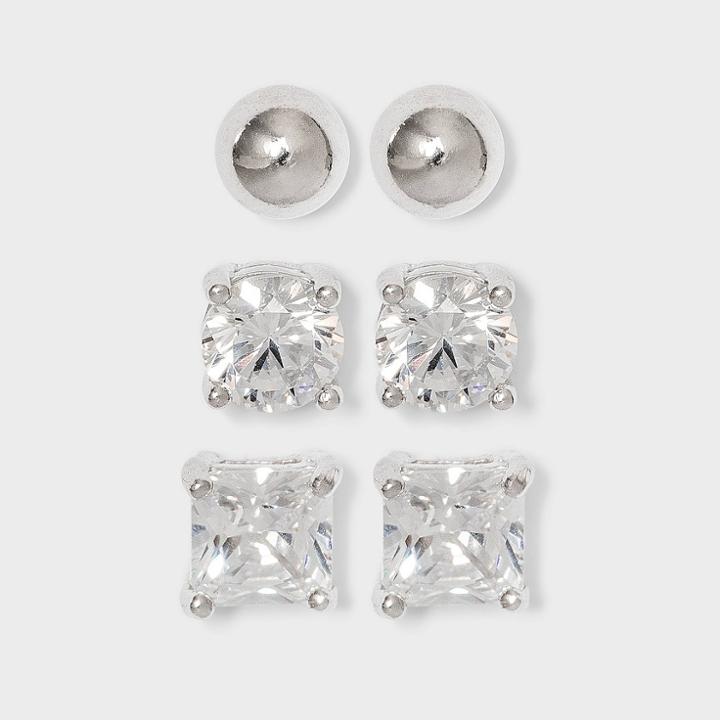 Cubic Zirconia And Sterling Silver Round And Square Earring Set 3pc - A New Day