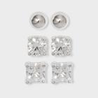 Cubic Zirconia And Sterling Silver Round And Square Earring Set 3pc - A New Day