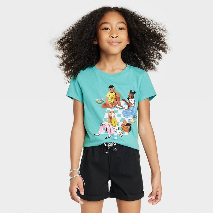 Girls' Picnic Short Sleeve Graphic T-shirt - Cat & Jack Turquoise Blue