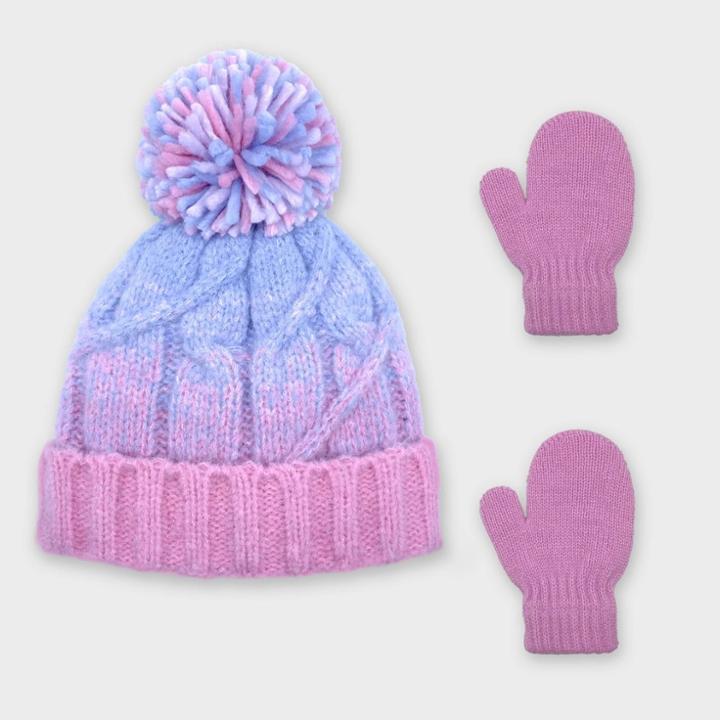 Baby Girls' Knit Ombre Cable Cuffed Beanie And Magic Mittens Set - Cat & Jack Pink/purple