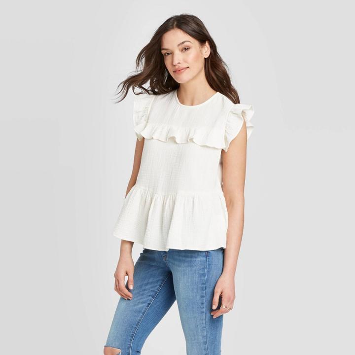 Women's Cap Sleeve Crewneck Ruffle Tank Top - Universal Thread White
