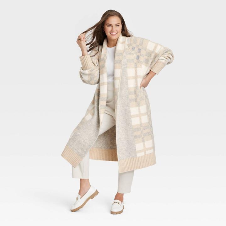 Women's Plus Size Coatigan Sweater - A New Day Gray Plaid