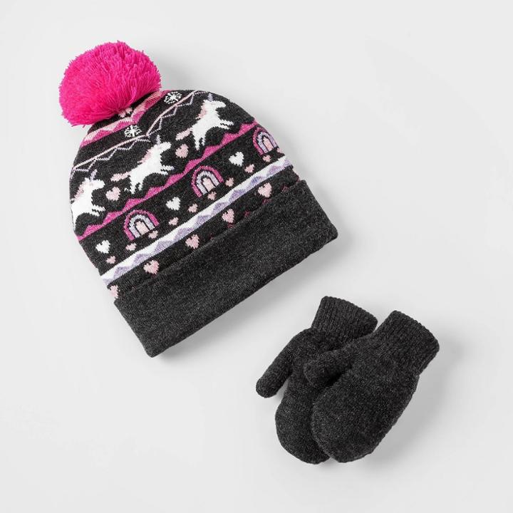 Toddler Girls' 2pk Unicorn Fair Isle Beanie With Magic Mittens Set - Cat & Jack 2t-5t, Black/pink