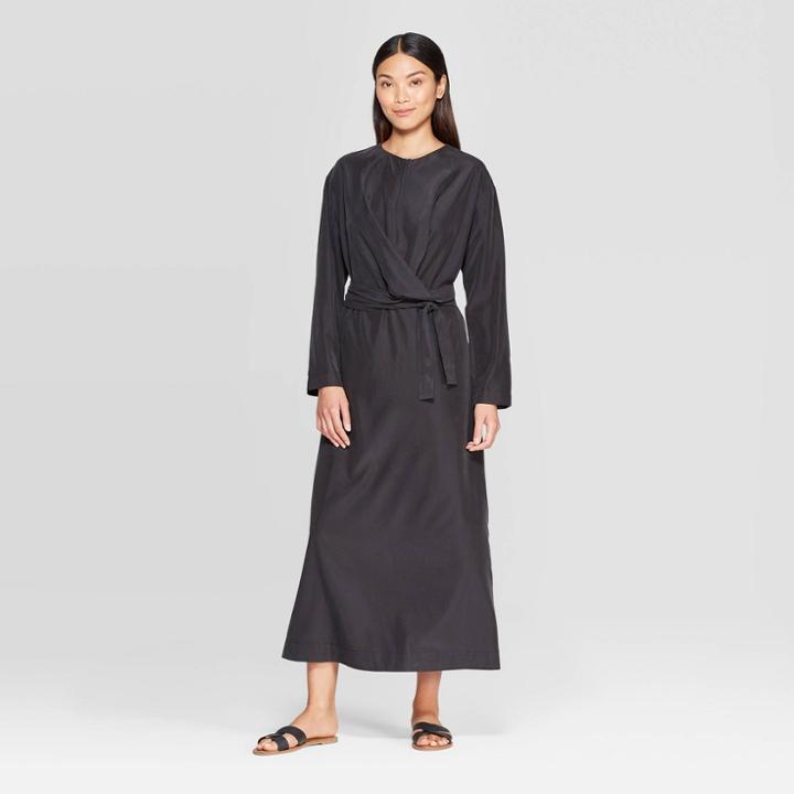 Women's Long Sleeve Relaxed Fit Crewneck Wrap Tie A Line Midi Dress - Prologue Black