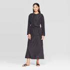 Women's Long Sleeve Relaxed Fit Crewneck Wrap Tie A Line Midi Dress - Prologue Black
